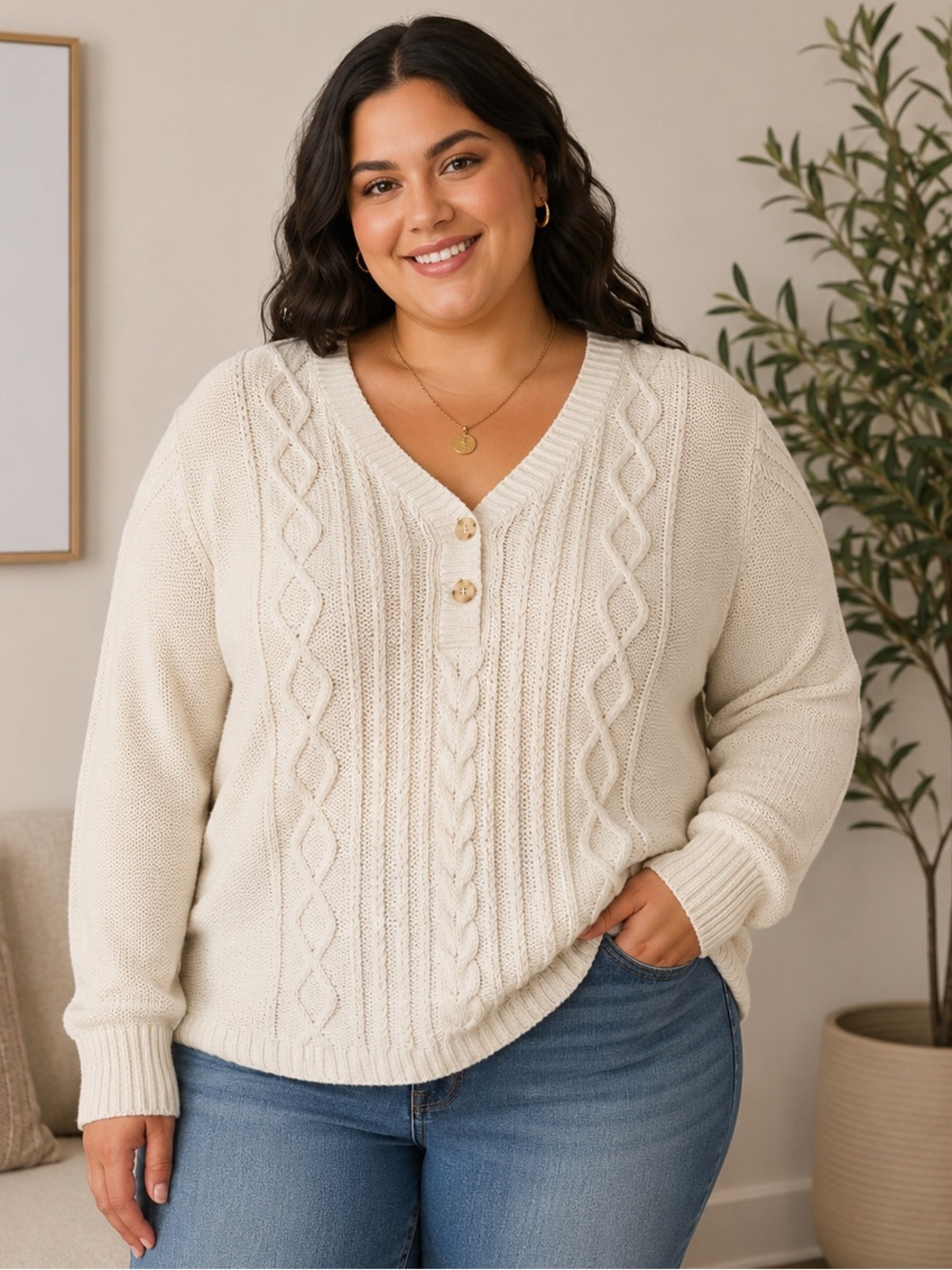 EDDIE BAUER Women’s Cream V-neck Cable-knit Henley Sweater XXL